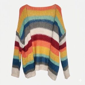 Elan Womens Open Cardigan O/S Colorblock Stripe Chunky Knit Crochet Cozy Sweater